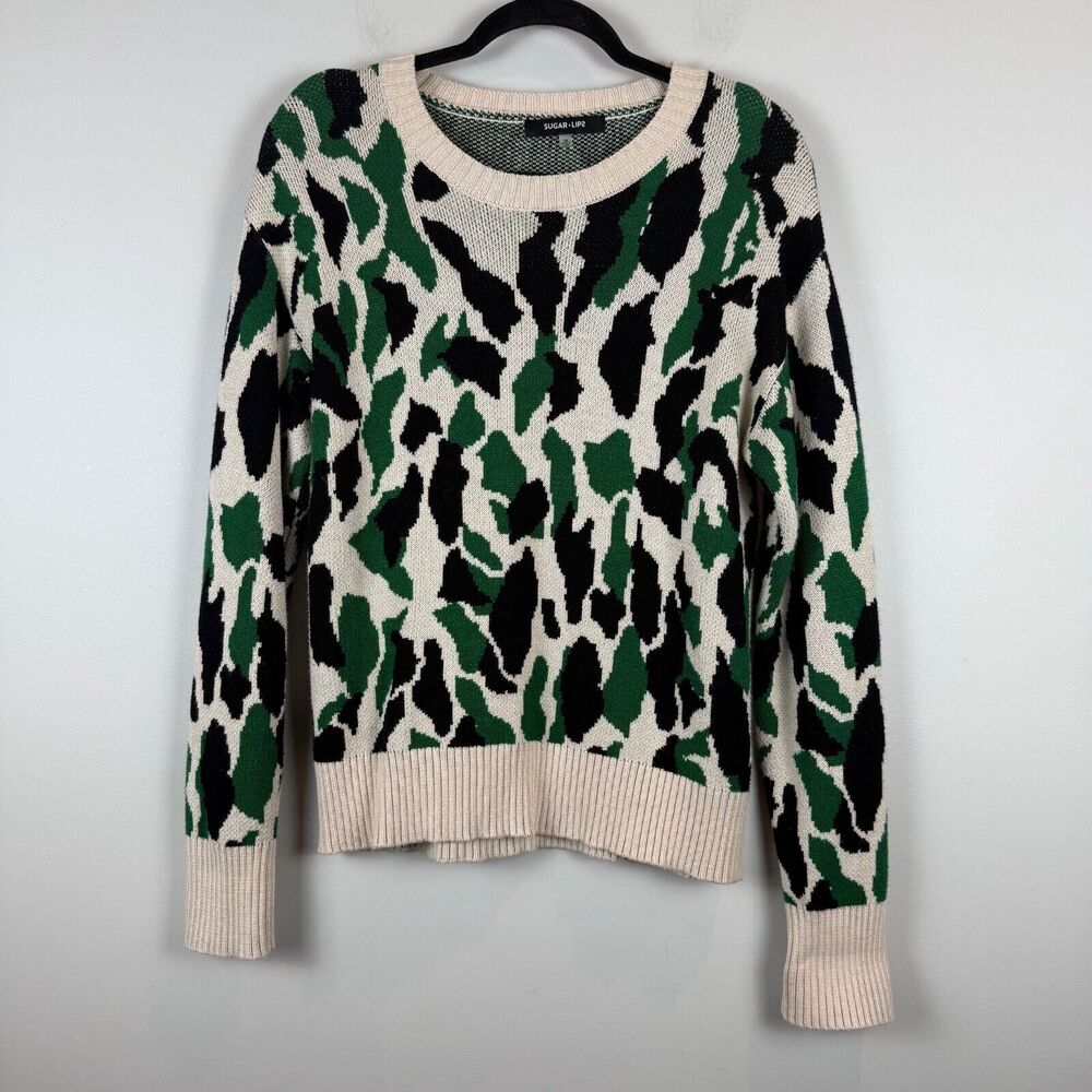 Sugar Lips Sweater Women's Medium Ivory Green Animal Print Long Sleeve Eclectic
